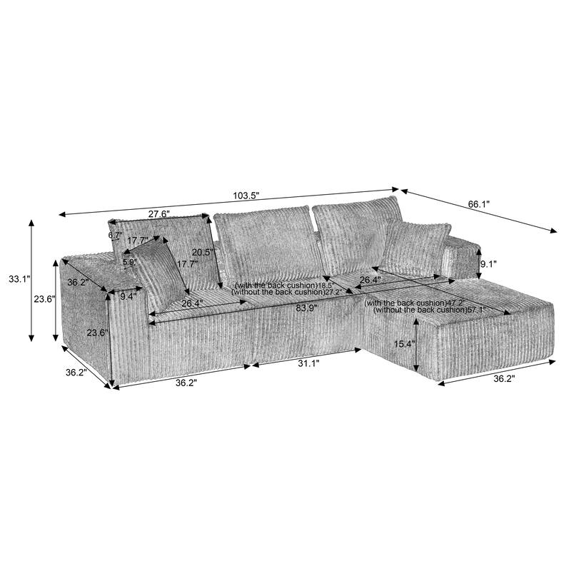 Corduroy Upholstery Cloud Modular Sectional Sofa with Chaise and Pillows, All-Foam Compression Design
