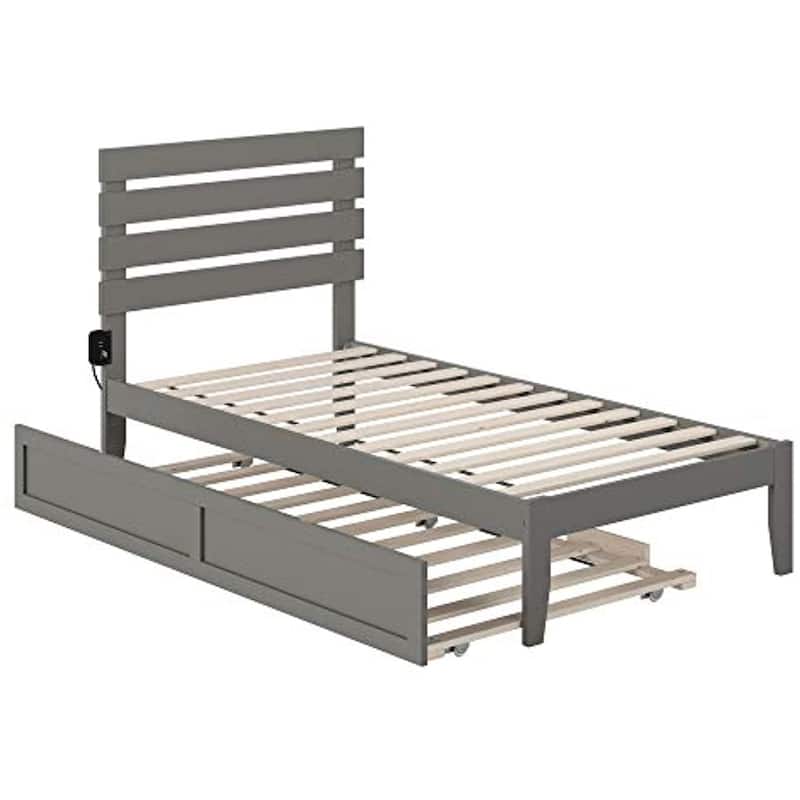 Twin Bed with Trundle & USB Charger - Mid-Century Style, Solid Wood Frame, Grey Finish, Strong Support