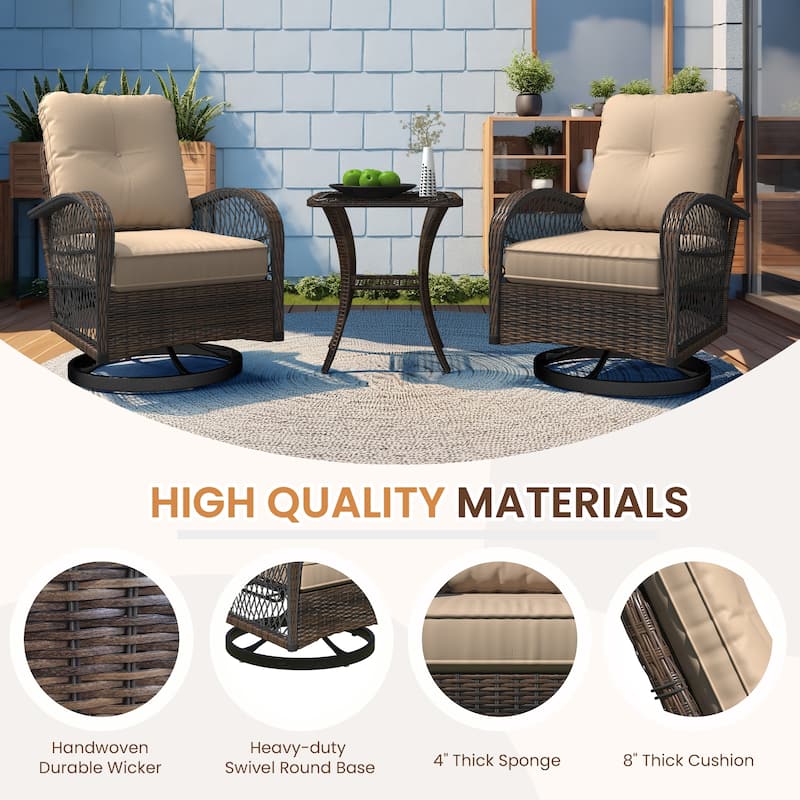 Outdoor Swivel Rocker Bistro Set - 3 Piece Wicker Patio Set with Swivel Rocking Chairs, Cushions, and Tempered Glass Side Table