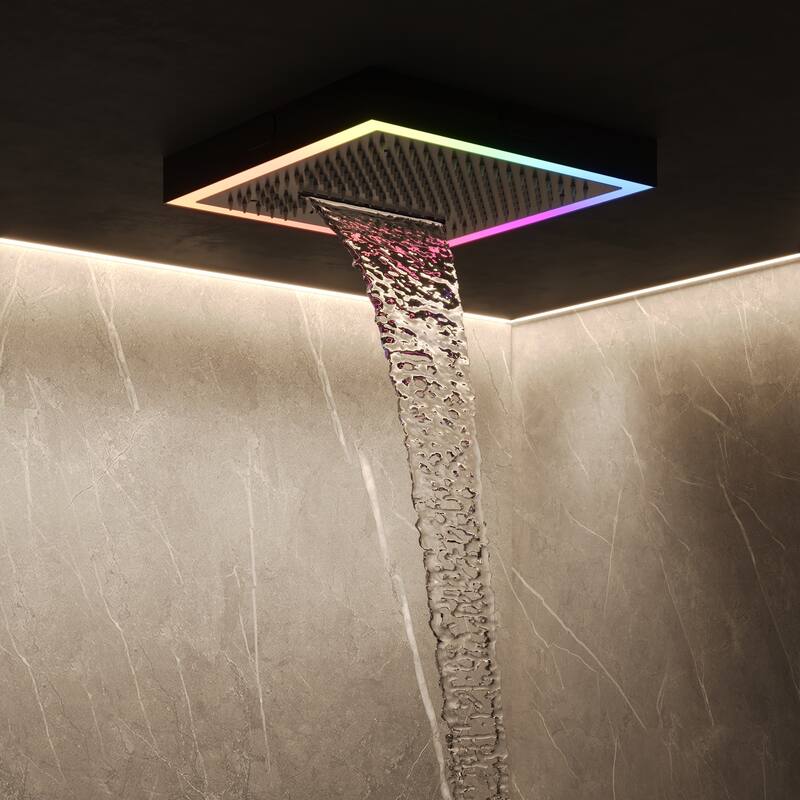 GRANDJOY Thermostatic LED Rain and Waterfall Shower System with Handheld, Built-In Music Function