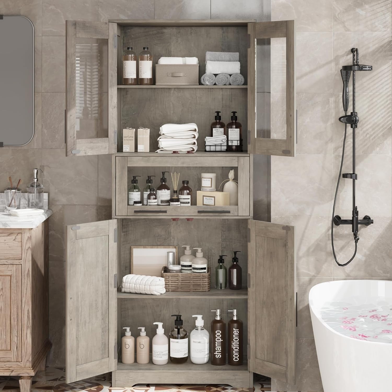 Tall Bathroom & Kitchen Pantry Cabinet with Glass Doors