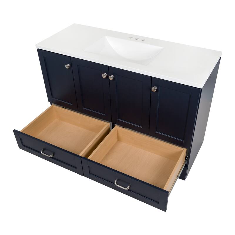 Spring Mill Cabinets Emlyn 48.5" Bathroom Vanity With Shelves, Drawers, and White Sink Top