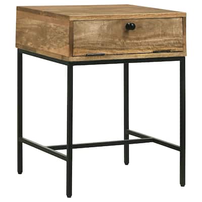 24 Inch End Table with Slender Iron Base, Honey Brown Mango Wood Frame