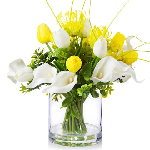 Enova Home Mixed Artificial Real Touch Tulip and Lily Fake Silk Flowers Arrangement in Clear Glass Vase for Home Decoration