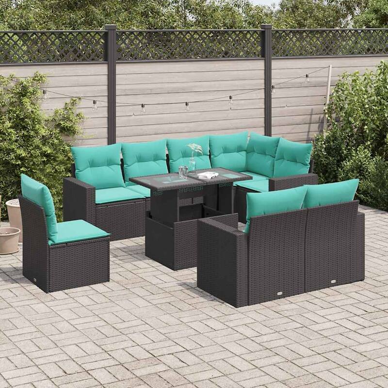 vidaXL Patio Sofa Set with Cushions and Table Outdoor 9 Piece Poly Rattan - Black without storage