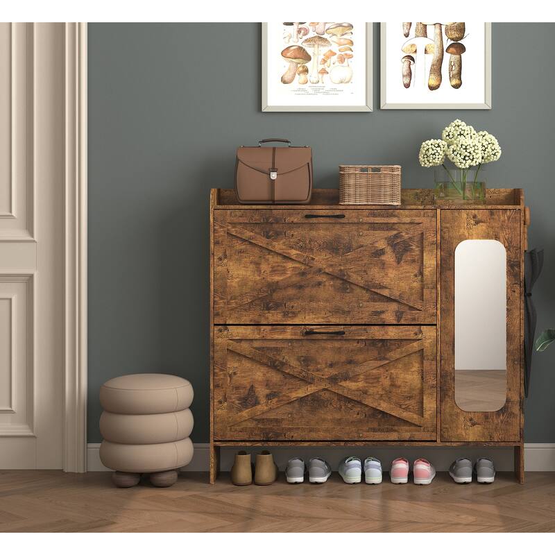 Shoe Cabinet with Mirror, Narrow Shoe Storage Cabinet with 2 Flip Drawers and 1 Cabinet Freestanding Shoe Rack Organizer