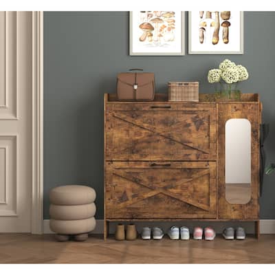 Shoe Storage Cabinet with 2 Flip Drawers & Mirror, Freestanding Organizer, Narrow Shoe Rack Cabinet with Adjustable Shelves