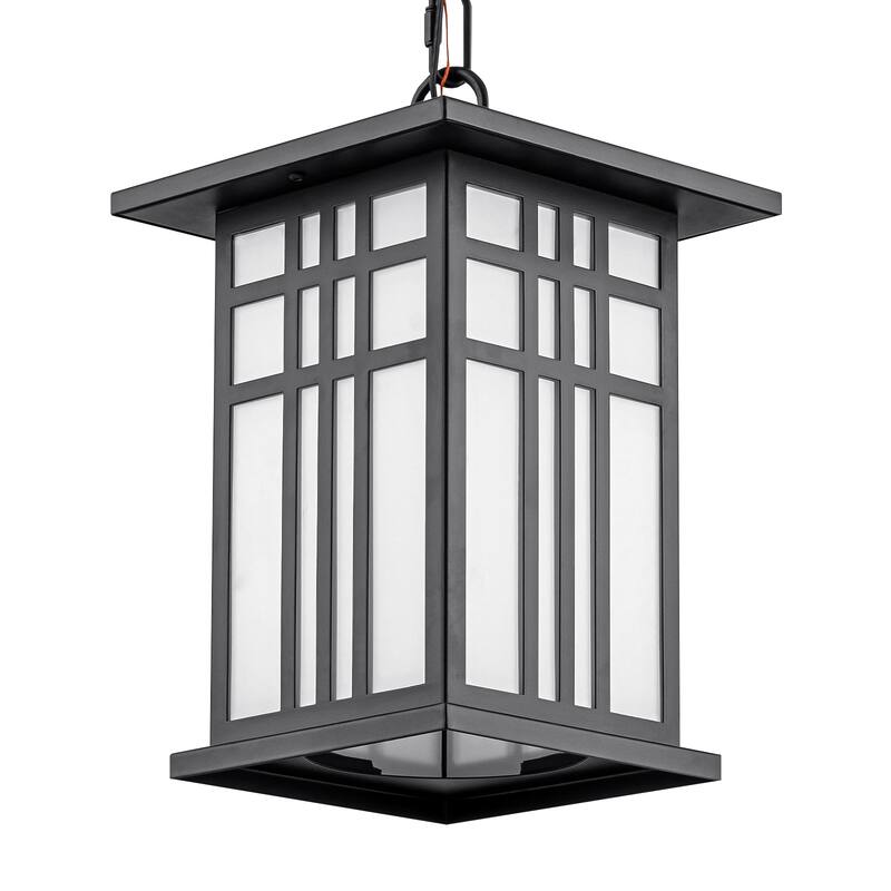 Black Outdoor Pendant Light with White Glass Porch Ceiling Fixture - Dia.7.48-in