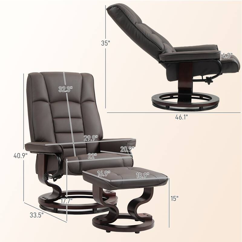 Brown Faux Leather Recliner Set with Ottoman, Wood Base, Massage