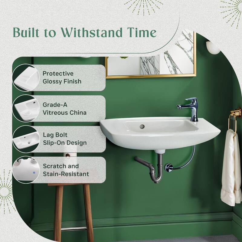 Edgewood White Ceramic Wall Mount Sink with Chrome Faucet and Sink Drain