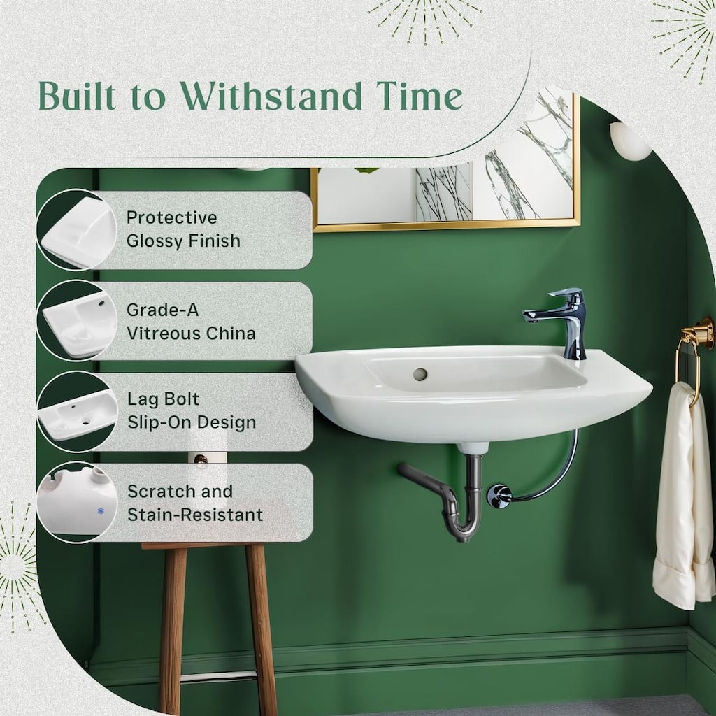 Edgewood White Ceramic Wall Mount Sink with Chrome Faucet and Sink Drain