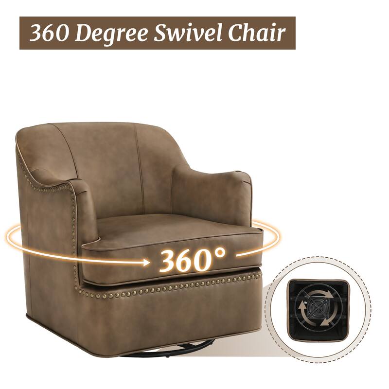 Genuine Leather Swivel Upholstered Accent Barrel Chair with Metal Base for Living Room