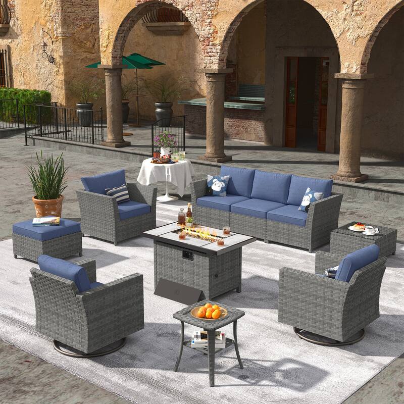 XIZZI 10-piece Outdoor Furniture Set Swivel Rocking Chair with Fire Pit - Denim Blue