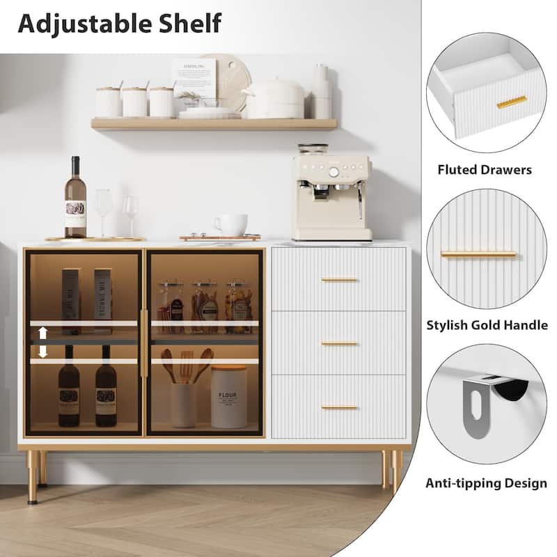 Fluted Sideboards Buffets Cabinet with Glass Doors, 3 Drawers, Marble Top Kitchen Sideboard Cabinet