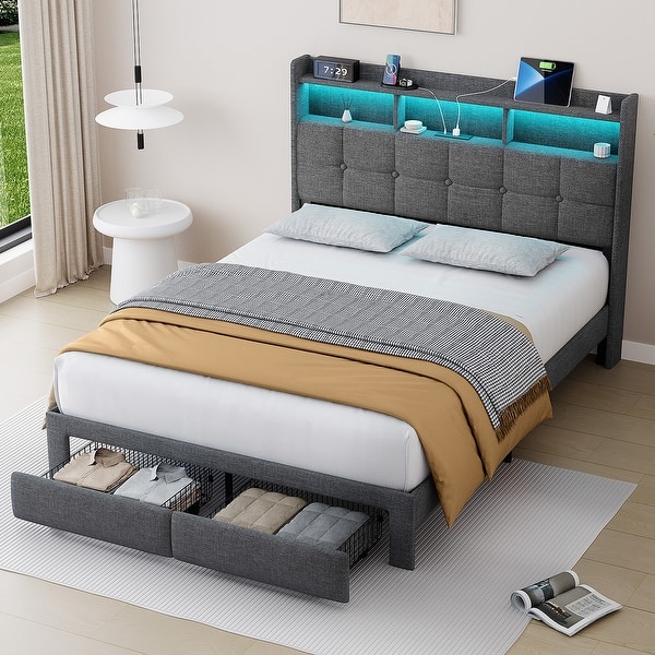 slide 2 of 11, Queen Upholstered Platform Bed with LED Lights Storage Headboard Charging Ports Light Gray
