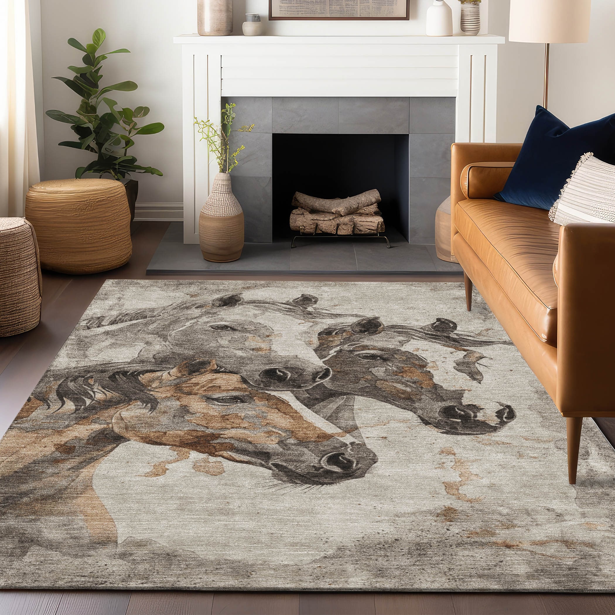 Machine Washable Indoor/ Outdoor Horses Chantille Rug