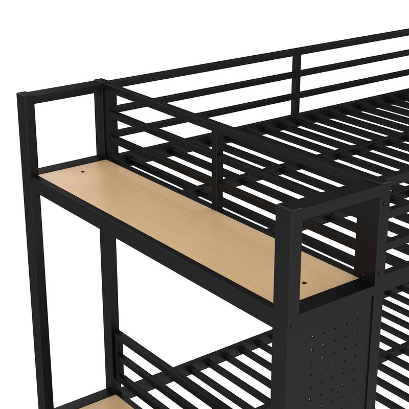 Multifunctional Full Over Full Bunk Bed for Teens with Built-in Wardrobe, Open Shelf, Drawers and Pegboard, Metal Bed Frame