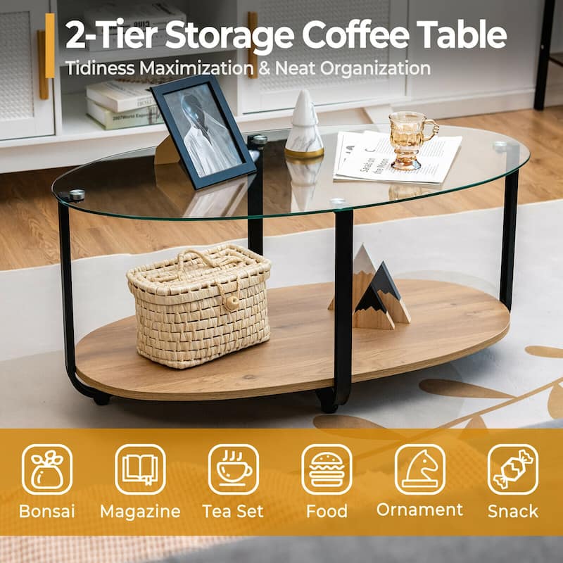 Gymax Glass-Top Coffee Table 2-Tier Modern Oval Side Sofa Table w/