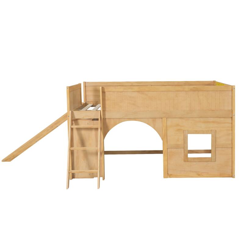 Roomfitters Full Low Loft Bed with Slide, Storage Shelves and Window Design