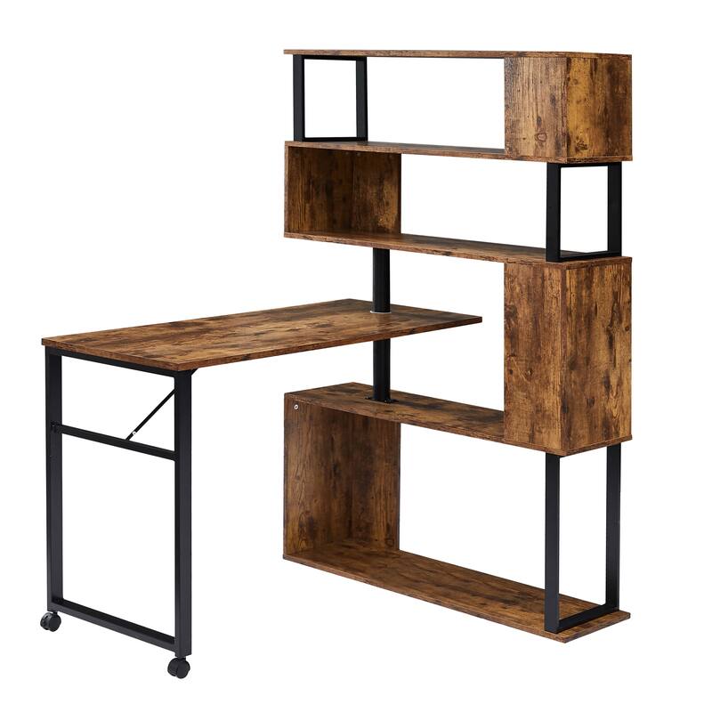 Home Office Computer Desk L-Shaped Corner Table, Rotating Office Desk with 5-Tier Bookshelf & Lockable Casters