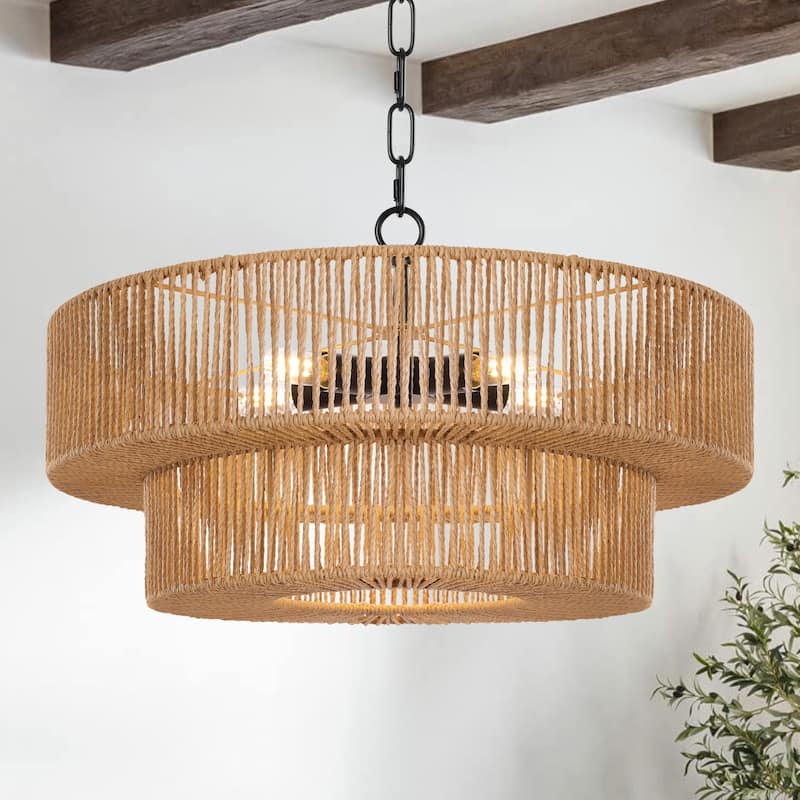 5-Light 21.6in. Rattan Boho Tiered Drum Hand Woven Chandelier - Brown