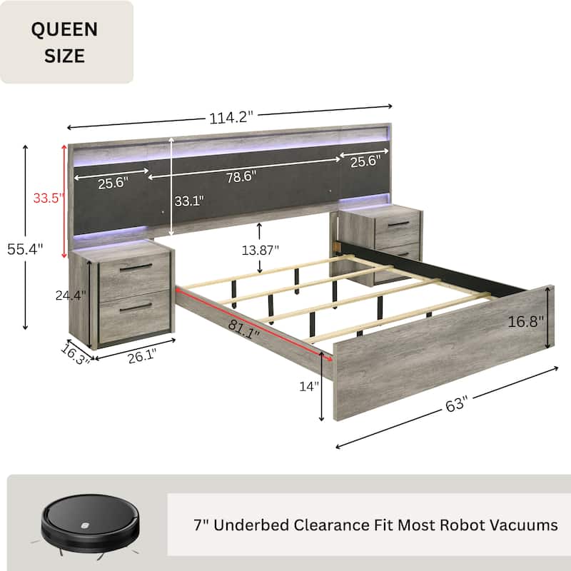 Roundhill Furniture Lenca LED Wallbed with Nightstands - Weathered Gray