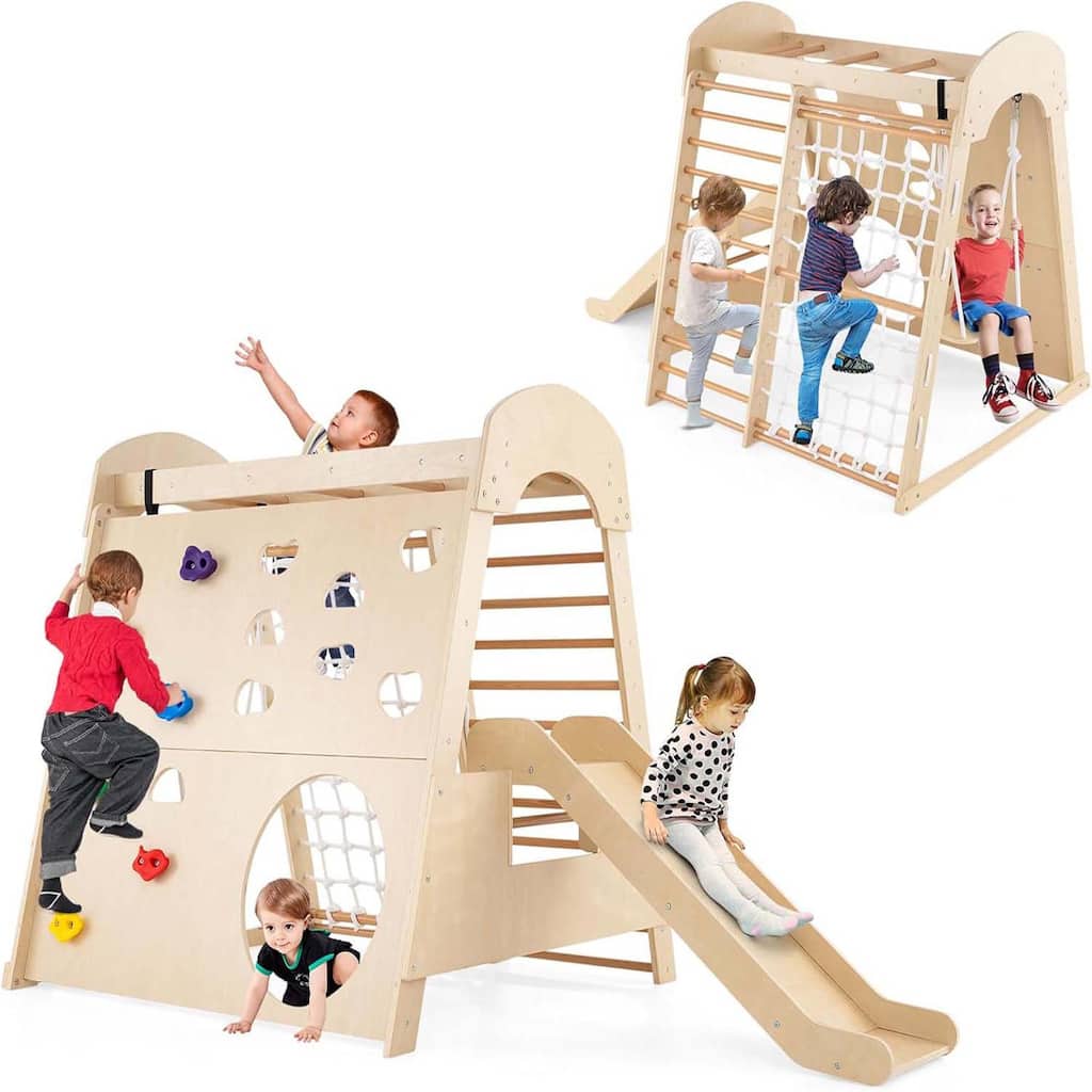 Indoor Kids Jungle Gym Large 8-in-1 Pikler Climber w/Rock/Net/Ladder - Natural