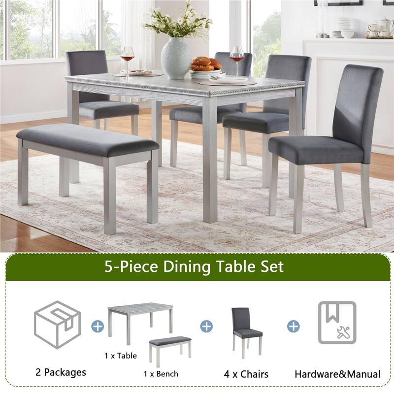 6 Piece Wooden Dining Table Set with 4 Upholstered Chairs and Bench for 6 People