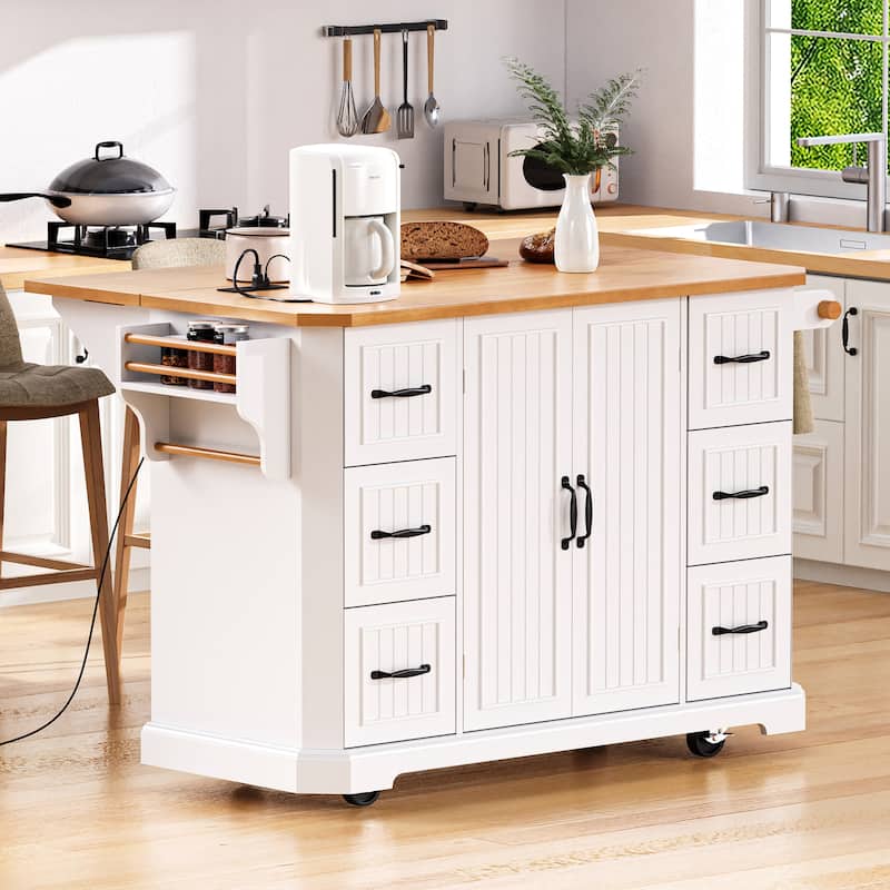 56" Embossed Vertical Stripe Kitchen Island with Rubber Wood Veneer Drop Leaf, Power Outlet, 4 Door Shelves & 6 Deep Drawers