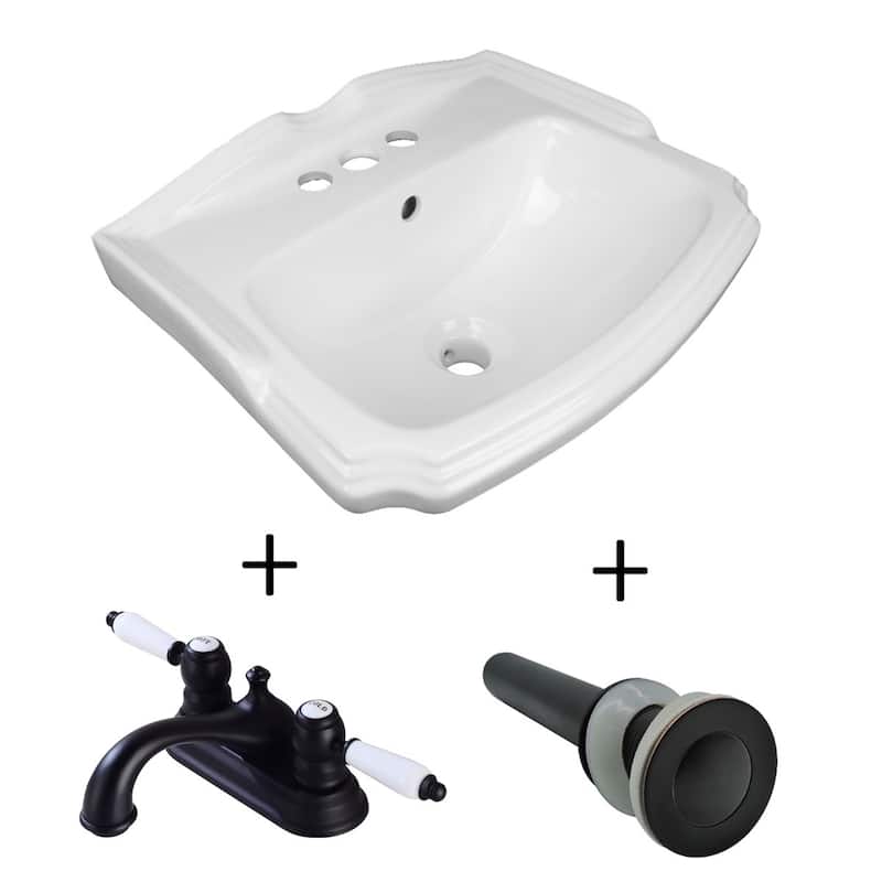 White Small Wall Mount Sink with 4" Center Set Faucet Classic Black and Black Drain with Overflow