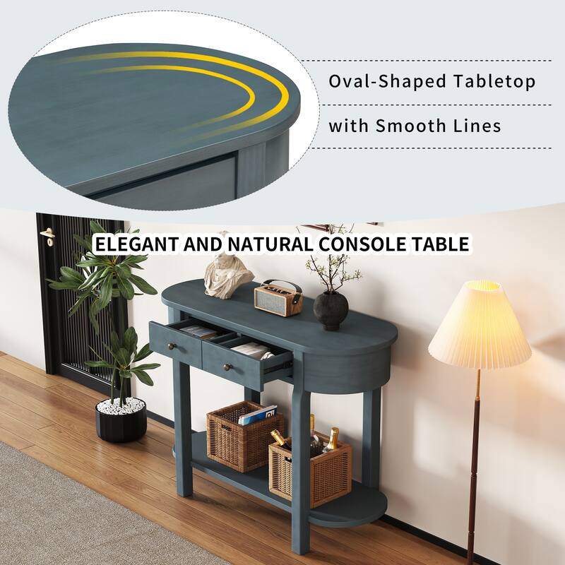 Curved Console Table with 2 Storage Drawers and Metal Handles, Wooden Hallway Tables Entryway Table wOpen Storage Shelf