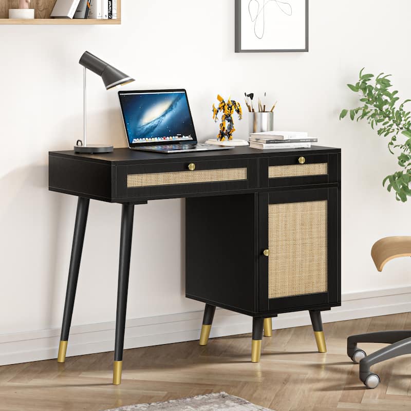 Modern Computer Desk with Drawers Wood Rattan Home Office Desk Writing Desk with File Cabinet - 39.4"W x 18.9"D x 30.7"H