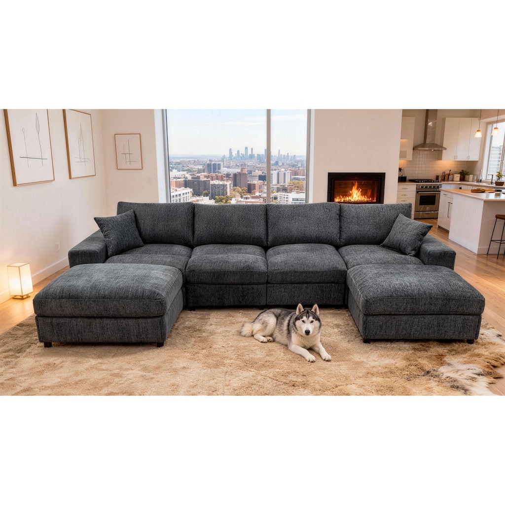 Modern Chenille Sectional with Two Ottomans for Family Lounging by GDFStudio