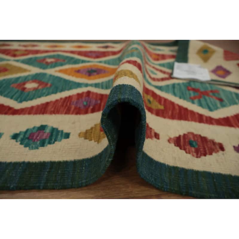 Hand Woven Oriental 100% Wool Carpet Southwestern Modern Green Kilim Runner Rug - 8' 10'' X 2' 7''