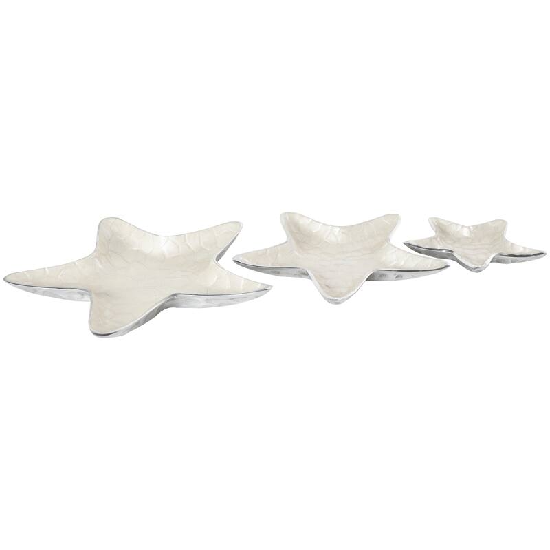 White or Teal Aluminum Metal Handmade Textured Enameled Starfish Decorative Bowl with Silver Base (Set of 3)