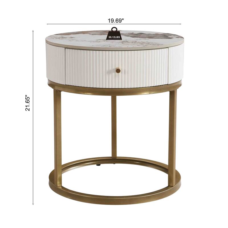 19.68 Inch Modern Nightstand with Drawer, Marble Round End Table with storage, Side Table for Living Room&Bedroom RR