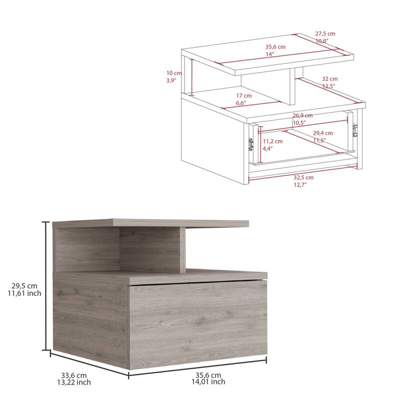 Floating Nightstand, One Drawer, Light Gray Finish, Space-Saving Wall Design