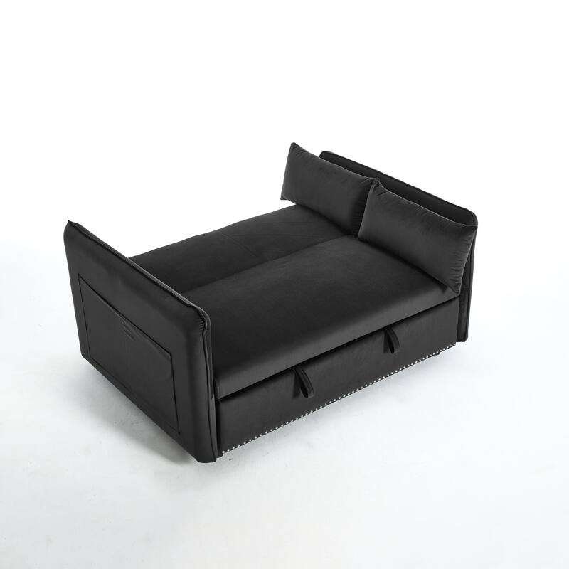 Small Convertible Sofa Bed, 55" Velvet Loveseat Couch with Pull-Out Bed, Pillows, Adjustable Backrest & Side Pockets