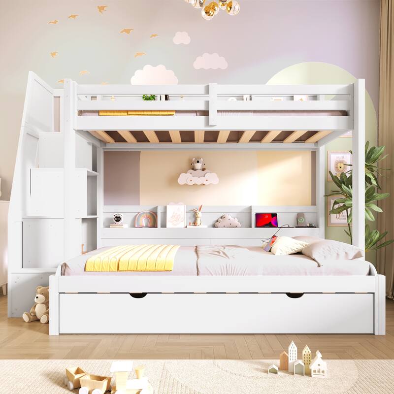 Twin Over Full Size Bunk Bed with Built-in 3-in-1 Storage Shelves and Charging Station, Pull-out Trundle, Storage Staircase