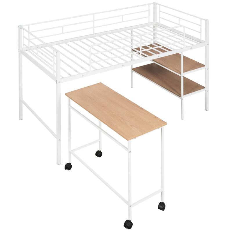 Twin Over Low Loft Bed Frame with Rolling Desk and Shelves,Twin Size Metal Bed with Steel Slat Supports,for Teens Kids Child