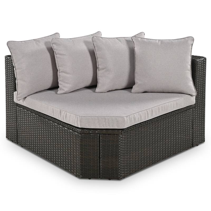 7-piece Outdoor Wicker Sofa Setw w/ Lounger & Striped Green Pillows, Conversation Sofa for Patio Garden Deck