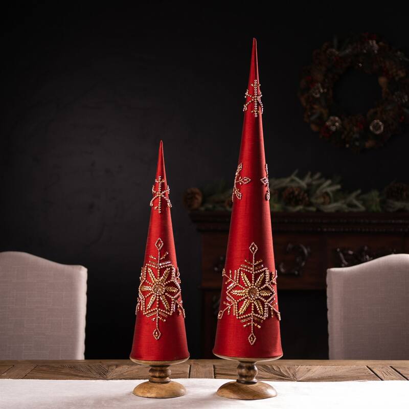 2 Beaded Snowflake Cone Pine Christmas Tree Tabletop Decorations 31"