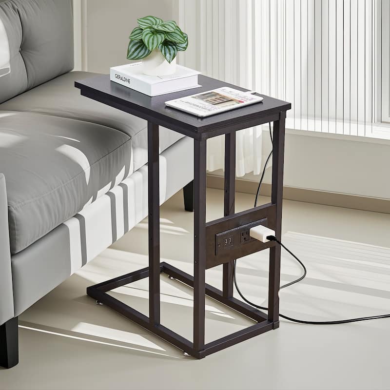Javlergo Set of 2 C-Shaped End Tables with Charging Station Outlets & USB Fits Sofa Bed for Small Spaces Nightstand & Sofa Table
