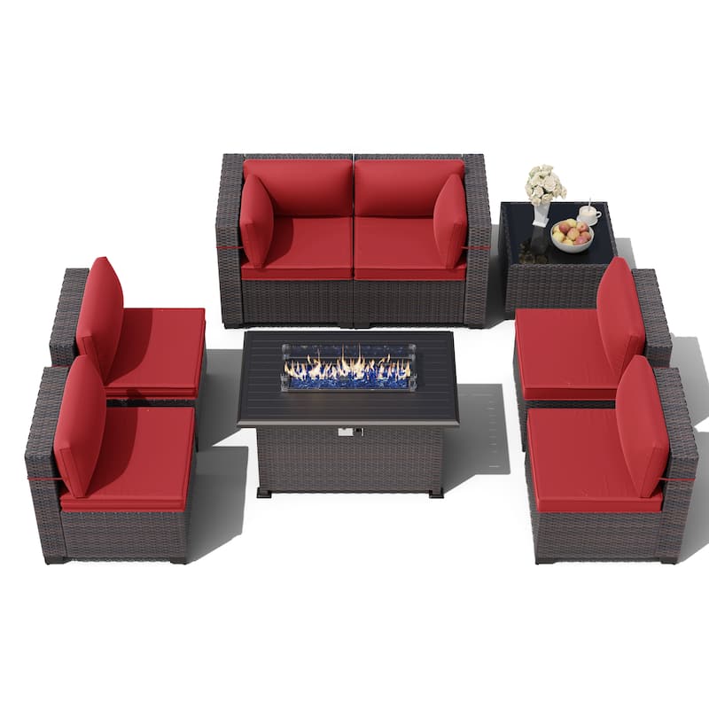 Outdoor Rattan Sectional Sofa Set, Patio Furniture Conversation Set with Fire Pit Table - 8PCS w/Firepit - Red