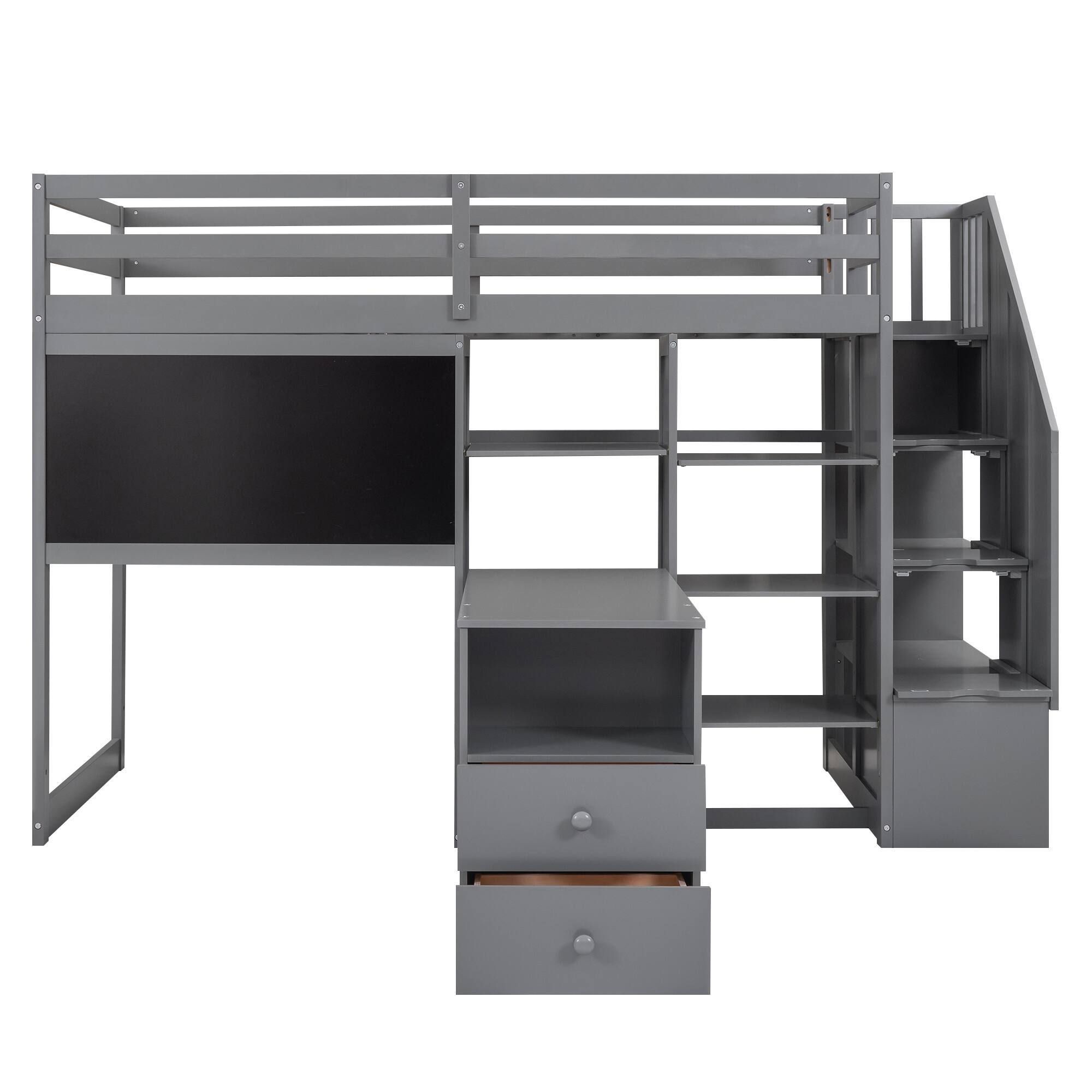 Twin Size Slat Support Loft Bed with 4Tier Builtin Shelves, PullOut Desk, Storage Stairs