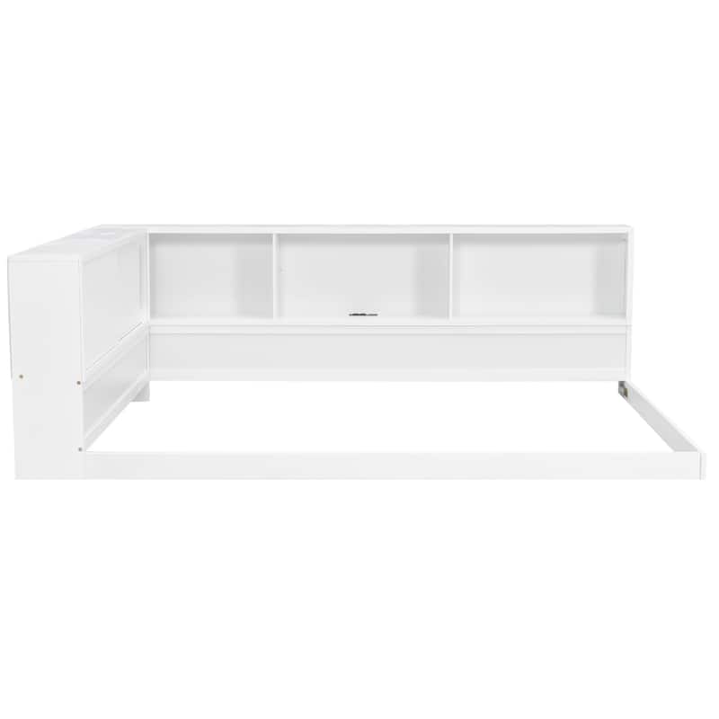 Queen L-Shape Storage Daybed with LED Shelf, Hidden Slide Cabinet & Built-In USB Power Hub by Harper&Bright Designs
