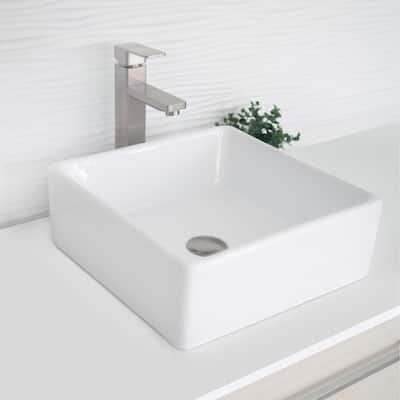 STYLISH 15 inch White Square Porcelain Vessel Bathroom Sink - 15" x 15" x 5.75"