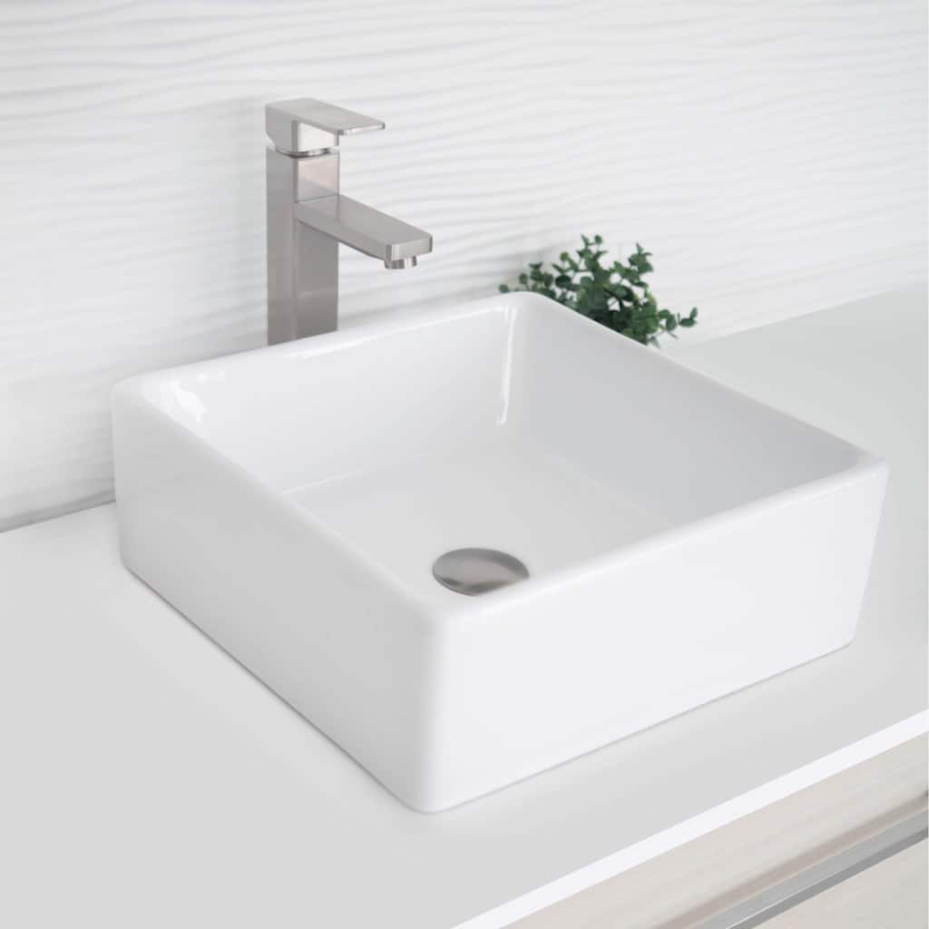 STYLISH Porcelain Square 15-inches Top Mounted Ceramic Vessel Bathroom Sink - 15" x 15" x 5.75"