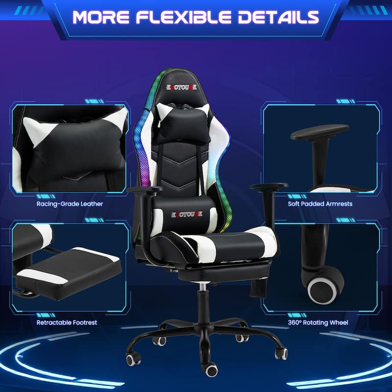 EROMMY RGB LED Gaming Chair with Massage Lumbar Support & Footrest, Ergonomic Reclining Computer Chair for Adults