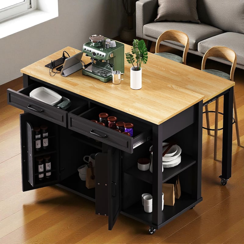47" Kitchen Island with Extendable Table, Power Outlet, Rubber Wood Top, Storage Cabinet & Drawers